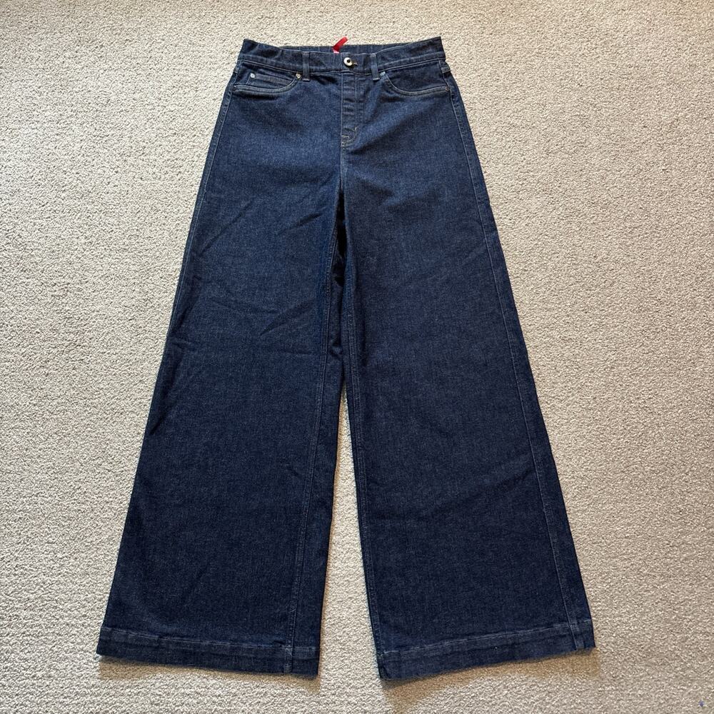 Spanx EveryWear Flare Denim Jeans in Raw Indigo Dark Wash Blue Women Sz L 33” In